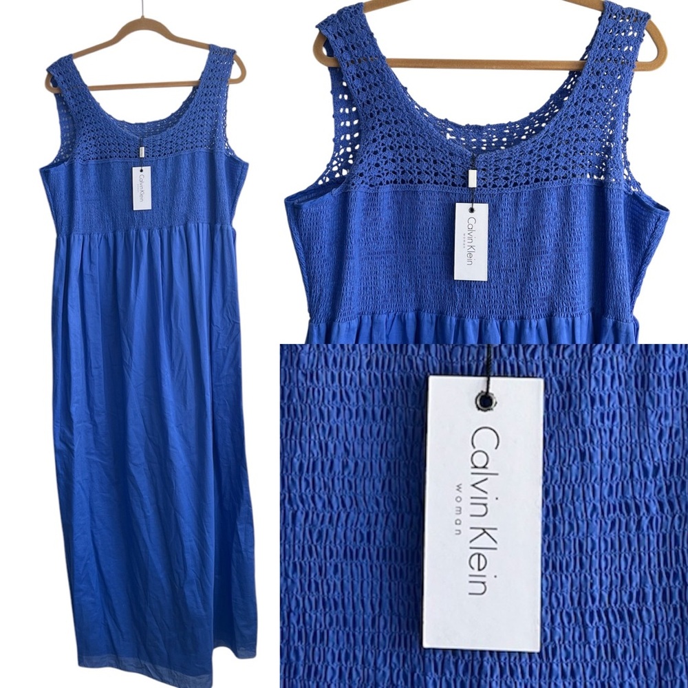 NEW CALVIN KLEIN CrochetTrim Lined MAXI DRESS Blue Size 1X 100% Cotton